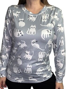 Ekouaer Women’s Gray Cat-Print Long Sleeve Pajama Top